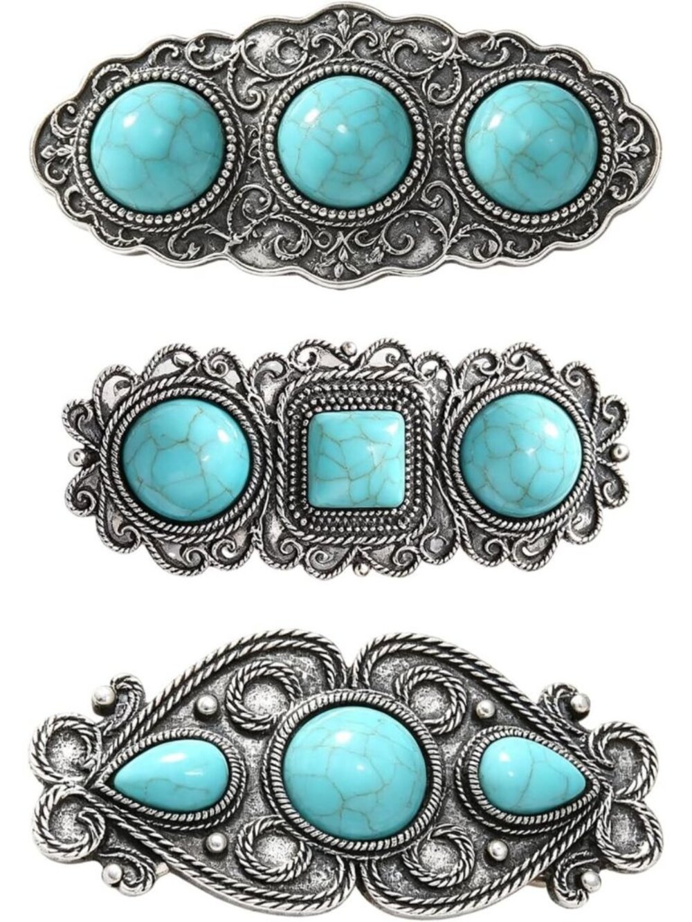 3PCS Boho Turquoise Hair Barrettes Set - Western Style Silver-Tone Clips